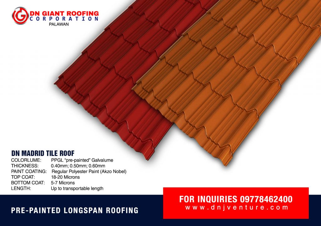 The DN Madrid Tile Roof with thicknesses of .40mm: .50mm: .60mm is best used for residential buildings, hotels and resorts. 