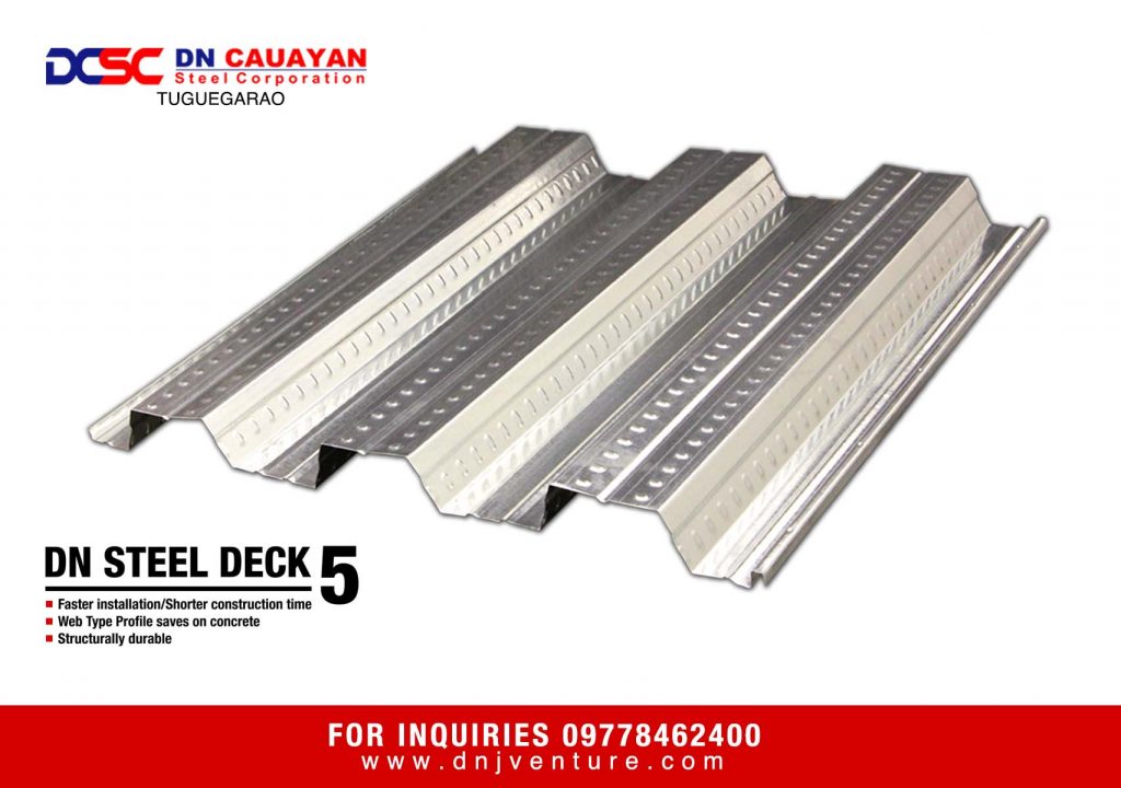 DN Steel Deck 5 is a web type design that’s saves up to 25% of concrete materials. This profile is available in our DN Cauayan Steel Corporation.