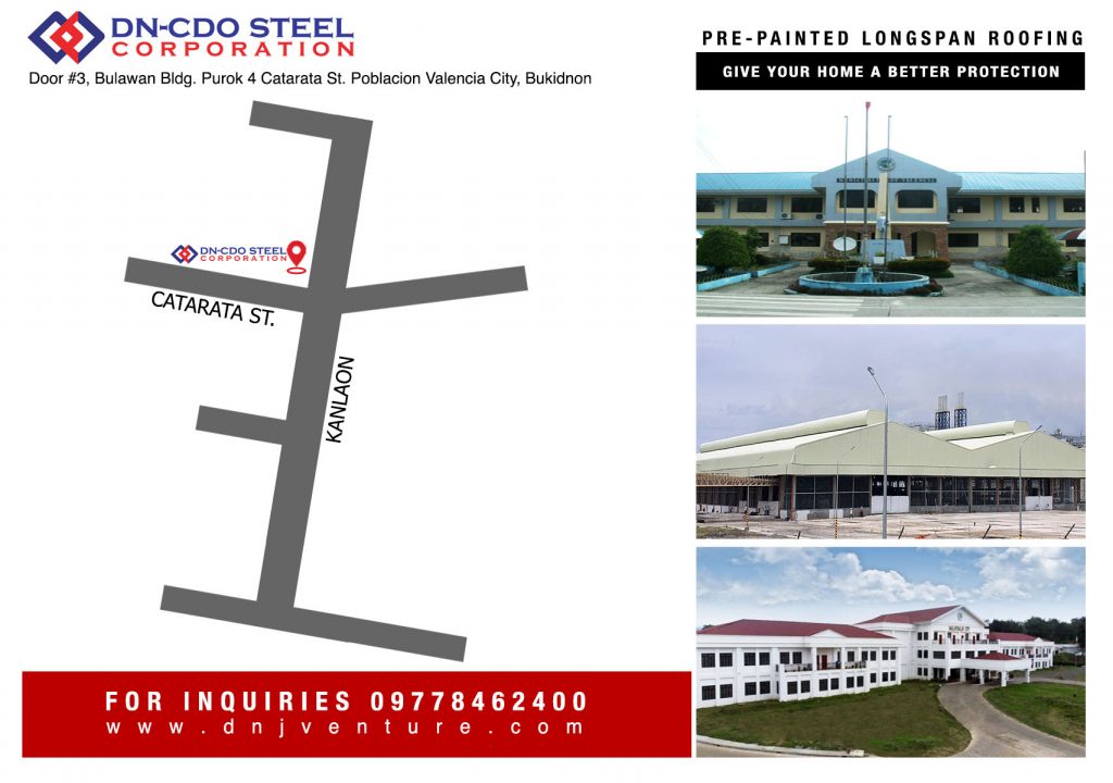 DN Valencia is located at Bulawan Building, Valencia City, Bukidnon. A satellite office of DN-CDO Steel Corporation. You may contact us at 0977 846 2400 for inquiries.