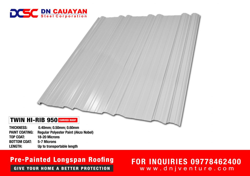 DN Steel's Twin Hi-Rib 950 profile is best recommended for 3°-5° low-sloped roofing and up to more than 20 meters in length. It is readily available in DN Cauayan Steel Corporation.