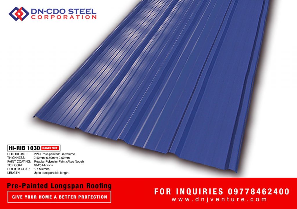DN Steel was the first to come out with a quality material known as Colorlume or Pre-painted Galvalume. The DN Hi-Rib 1030 profile is a fast selling profile not only in NCR but also in DN-CDO Steel Corporation.