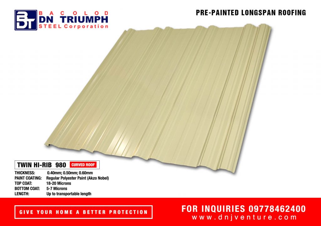 The DN Twin Hi-Rib 980 is available in Bacolod DN Triumph Steel Corp. This profile specially designed for commercial and residential projects.