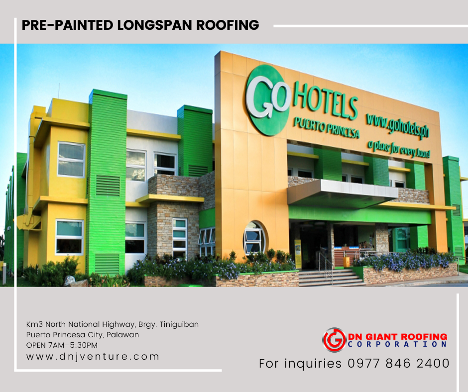 Go Hotel Puerto Princesa is a finished project of DN Giant Roofing Corporation using Hi-Rib 1030 profile. Our Office located at KM 3 North National Highway Brgy. Tiniguiban Puerto Princesa City, Palawan