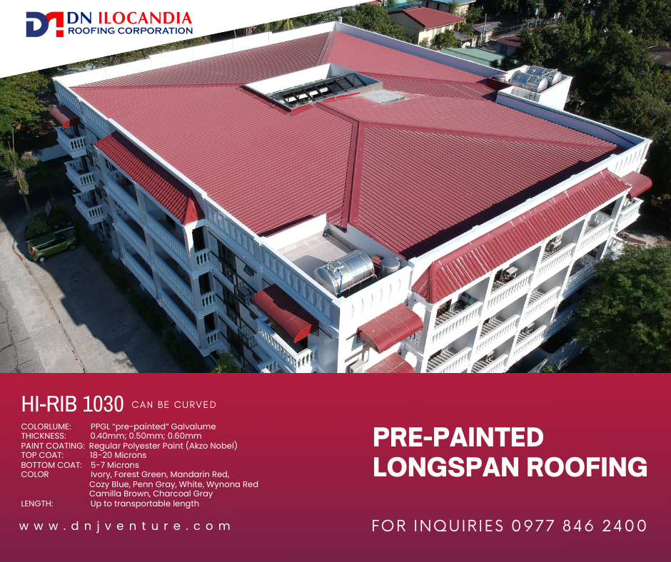 DN Hi-RIB 1030 is best recommended for all types of Projects.  Make it Residential, Commercial or Industrial. It is readily available in our DN Ilocandia Roofing Corporation.