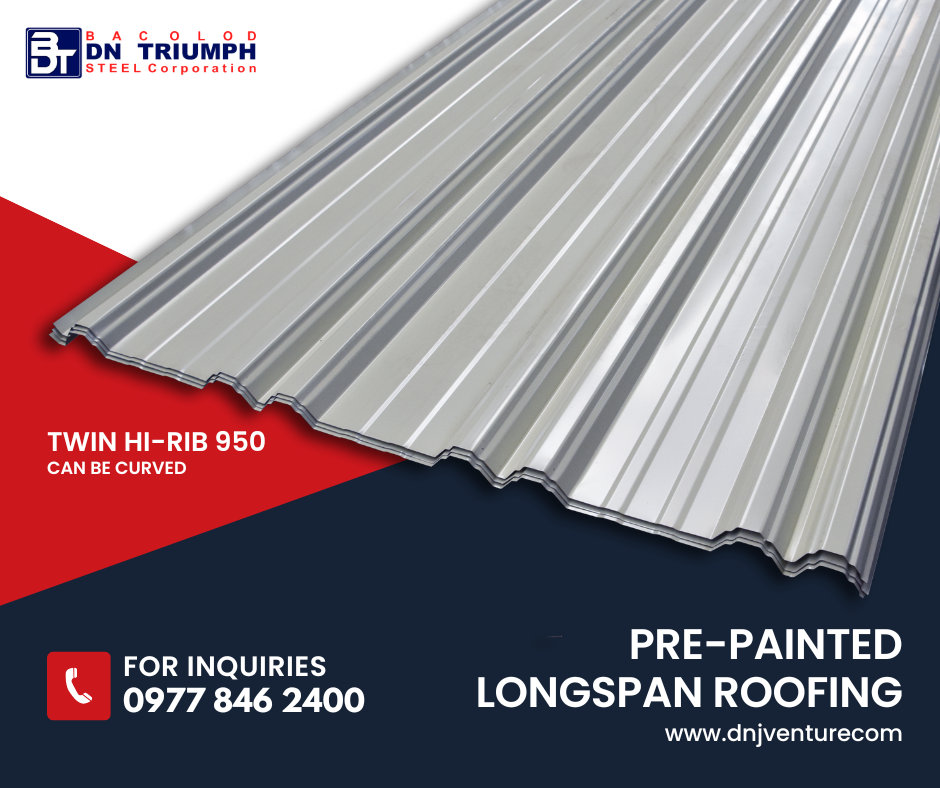 DN Steel's Twin Hi-Rib 950 profile is best recommended for 3°-5° low-sloped roofing and up to more than 20 meters in length. It comes up to transportable length suitable for every client's requirement. It is available in our Bacolod DN Triumph Steel Corporation.  