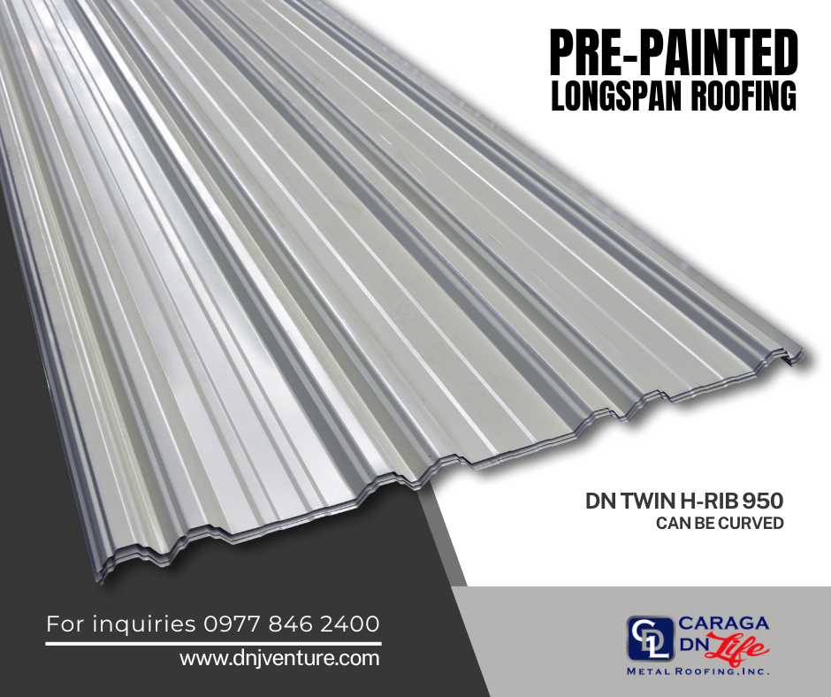 This DN Twin Hi-Rib 950 profile which can also be curved is applicable both to residential and commercial structures. This profile makes it the best choice for designers, developers and end users as well. Available in Caraga DN Life Metal Roofing, Inc. 