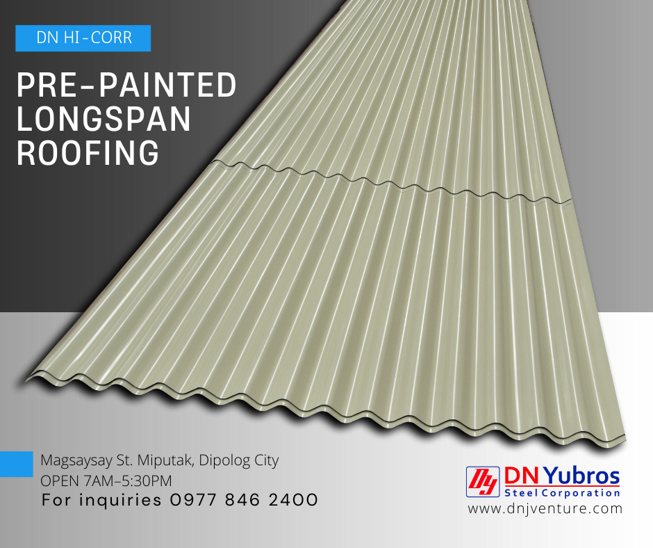 DN Steel’s Quality roofing, DN Hi Corr 980 profile is designed on straight or curved panels whichever suits to its client’s requirements in different applications. It is readily available in our DN Yubros Steel Corporation, office is located at Magsaysay St. Miputak, Dipolog City.