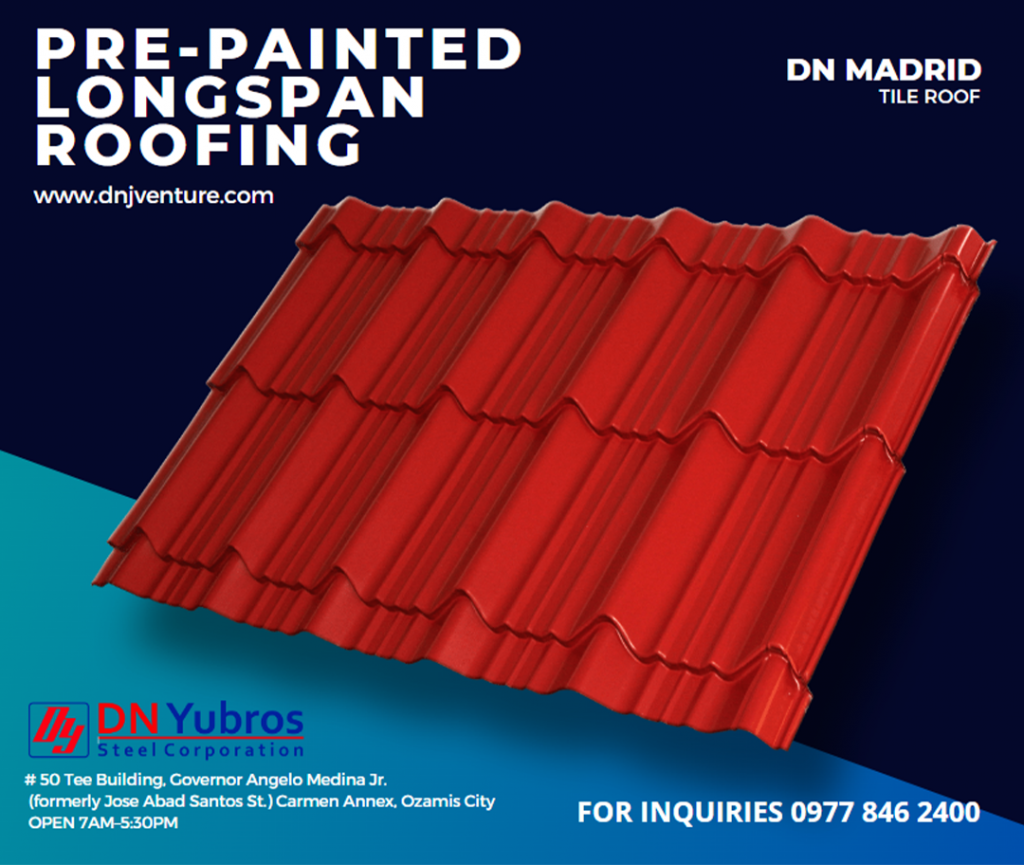 Madrid tile roof is one of DN Yubros Steel Corporation- Ozamis fast selling profile because of its elegant design and comes in different colors that may suit every client's need. Our office is located at 50 Tee Bldg., Gov. Angelo Medina Jr. (formerly Jose Abad Santos St.) Carmen Annex, Ozamis City. 