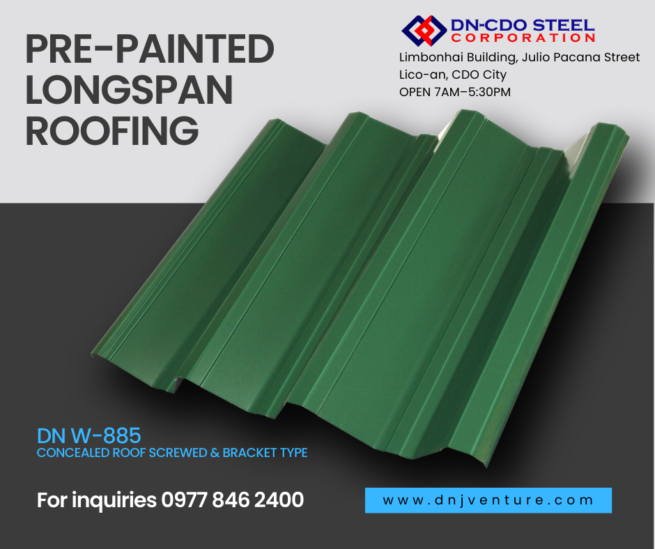 DN Steel’s W-885 with its 95mm deep rib height is best recommended for 1⁰ to 3⁰ sloped roofing, more often used in industrial & commercial applications. This profile is available in our DN-CDO Steel Corporation, office is located at Limbonhai Building, Julio Pacana Street, Lico-an, CDO City.