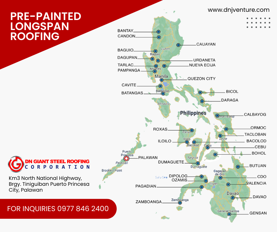 DN Giant Roofing Corporation is located at KM 3 North National Highway Brgy. Tiniguiban Puerto Princesa City, Palawan. You may contact us at 0977 846 2400 for inquiries.