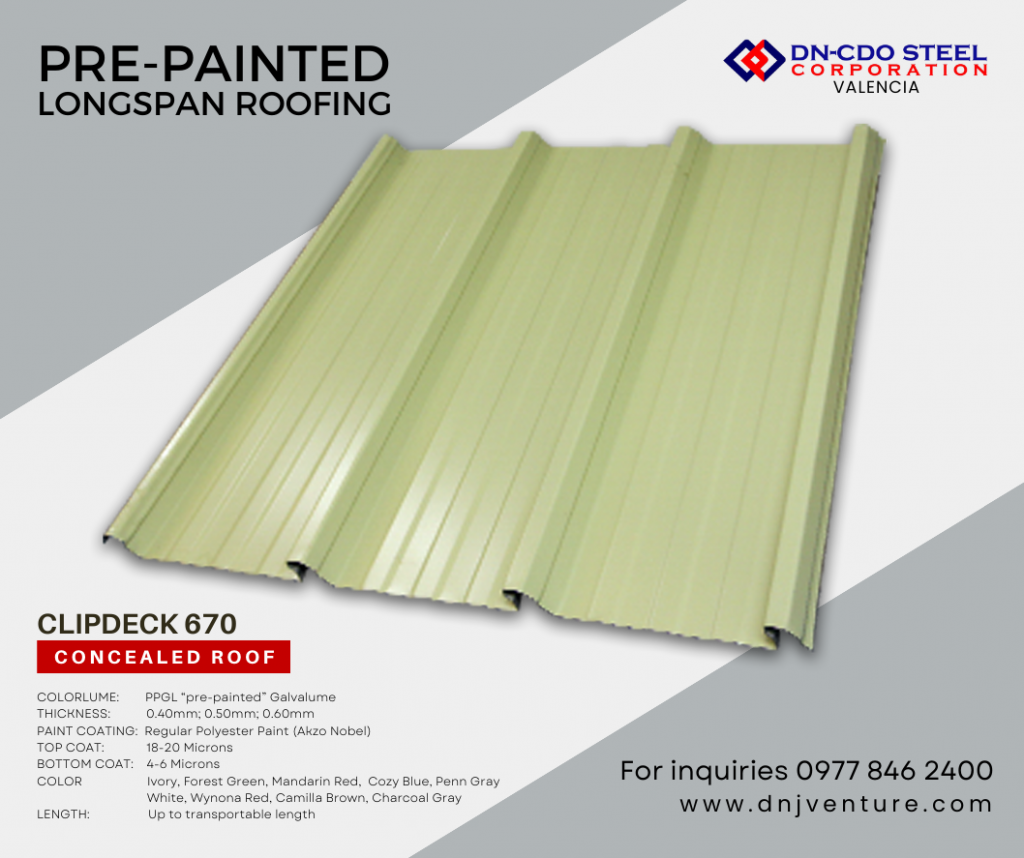 DN Steel’s Clipdeck 670 is one of DN Steel’s concealed-type roofing system which is best recommended for more than 20 meters long span roofing with low pitch roof slope even up to 3 degrees. Available in DN Valencia a satellite office of DN-CDO Steel Corporation.