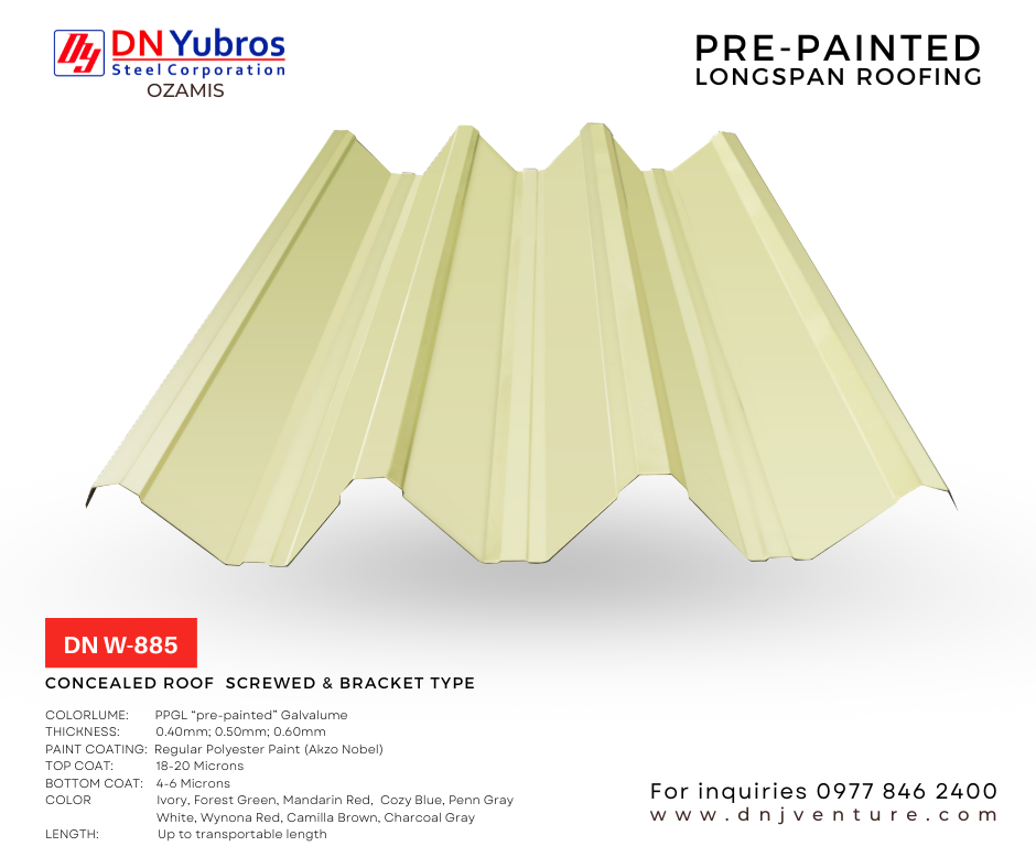 Various profiles are designed to suit our client’s requirement considering the roof slope and panel length. DN W-885 recommended for 2 ° - 5 ° roof slope or almost flat roofing. Available in DN Yubros Ozamis a satellite office of DN Yubros Steel Corporation.