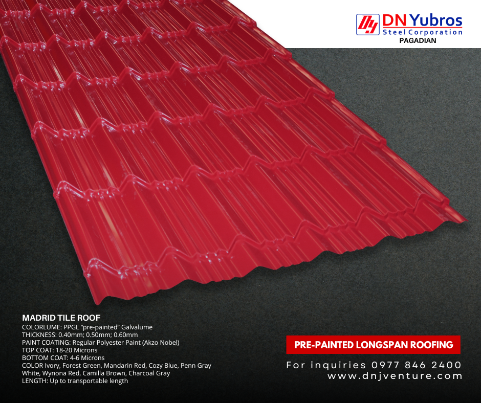 DN Steel’s tile roofs are best recommended for residential, multi-purpose halls and of similar applications. It has four elegant designs, comes in different colors that may suit every client's need.  Available in DN Yubros Pagadian a satellite office of DN Yubros Steel Corporation.