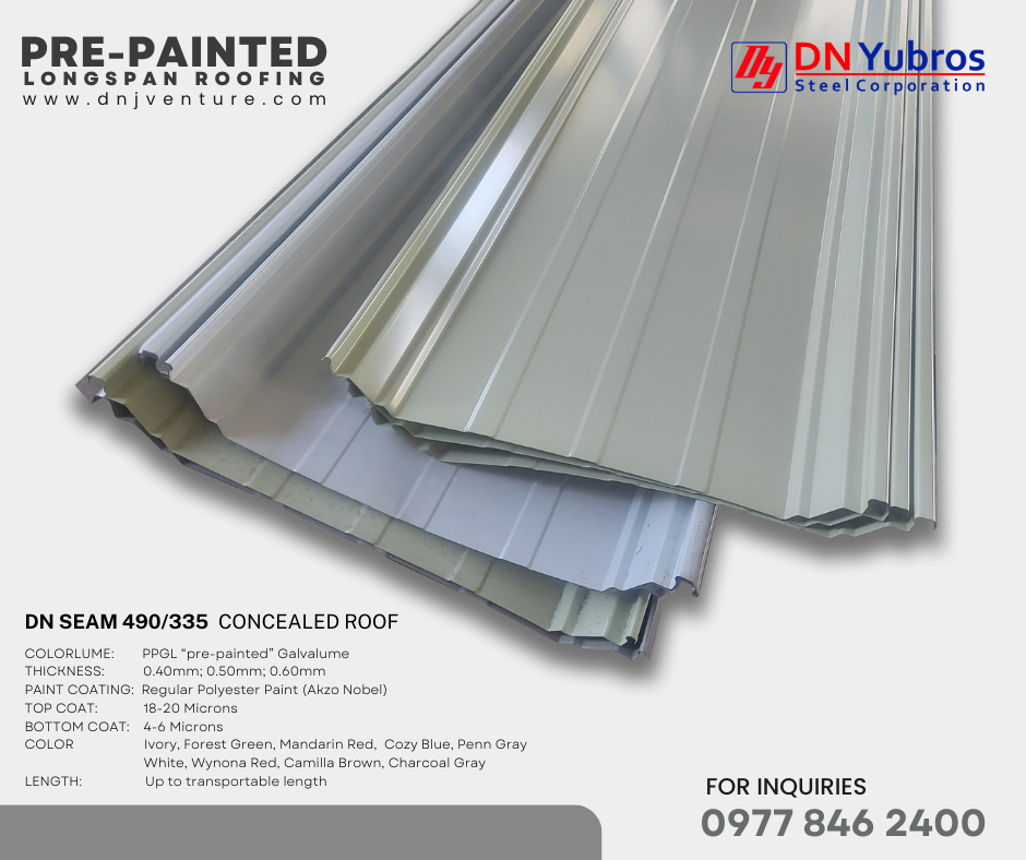 One of DN Steel's fast selling profile is DN Seam 490 / 335. Feasible to use for almost flat roof slope and for panels more than 30 mts in length. Available in DN Yubros Steel Corporation and various branches nationwide.