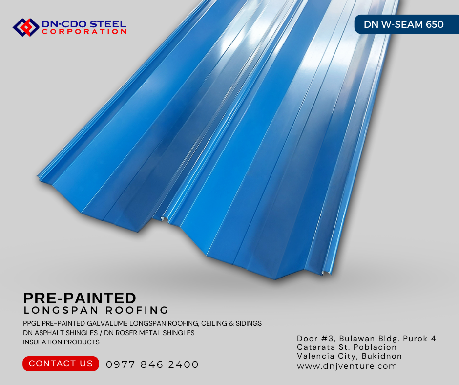 DN W Seam 650 roof profile is best recommended and feasible to use for panels in 30 m, 40 m, or even more than 50 m. in length and almost flat roofing. Available in DN CDO Steel Corporation- Valencia, located at Door #3, Bulawan Bldg. Purok 4 Catarata St. Poblacion Valencia City, Bukidnon.