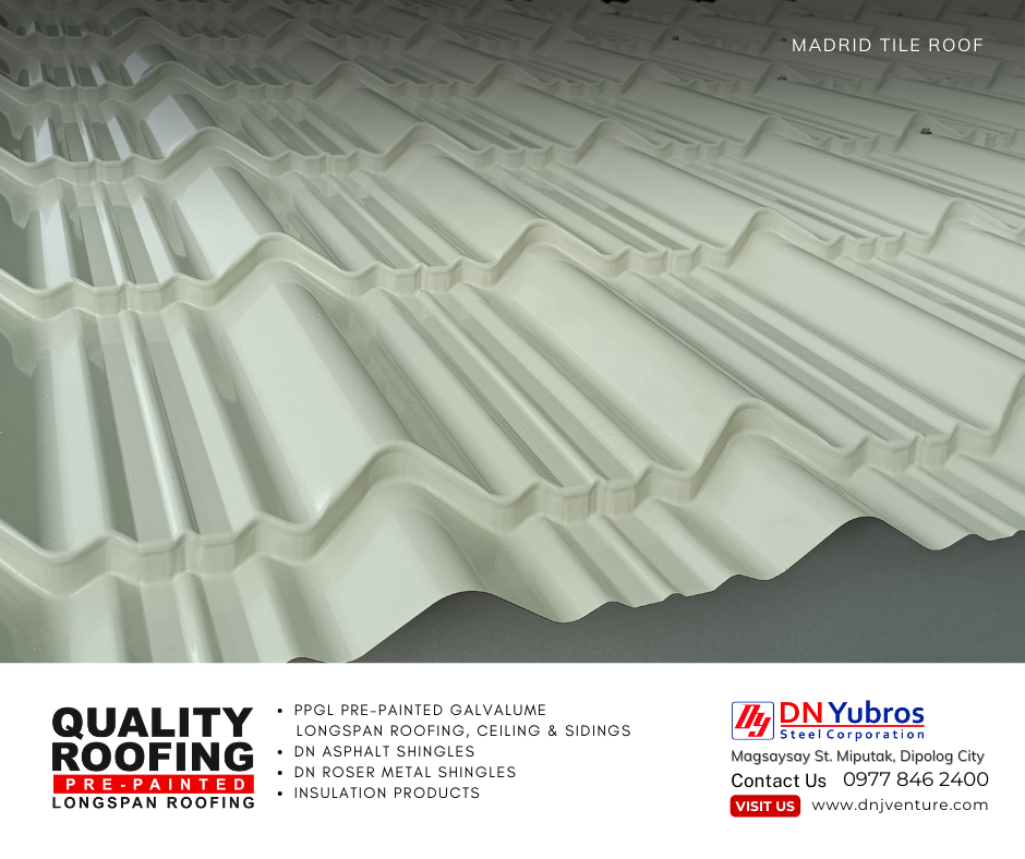 DN Steel’s Madrid Tile Roof is one of the fast and best selling profile recommended for residential, gazebos, multi-purpose halls, and vacation houses and of similar applications. Available in DN Yubros Steel Corporation, located at Magsaysay St. Miputak, Dipolog City.
