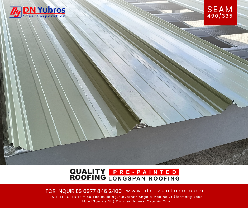 DN Seam 490/ 335 is concealed type and deep ribbed roof profiles that recommended for 2° - 5° roof slope or almost flat roofing. Available in DN Yubros Steel Corporation- Ozamis satellite office located at 50 Tee Bldg., Gov. Angelo Medina Jr. (formerly Jose Abad Santos St.) Carmen Annex, Ozamis City