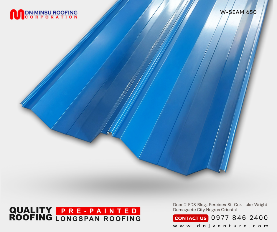 Use DN Steel's DN W-Seam 650, the best solution for leak free low sloped roofing even at 1° and length more than 30 mts. Available in DN-Minsu Roofing Corporation located at GF/ Door A&B JSB Bldg. Mayor Jaldon St. Brgy. Canelar Zamboanga City. For more information, you may contact us at 0977 846 2400 for inquiries.