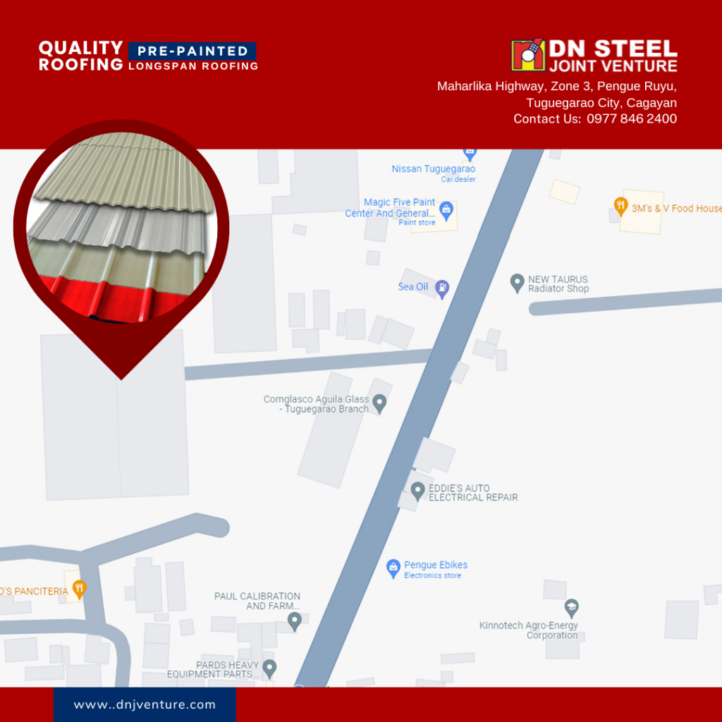 Experience our unwavering commitment to your satisfaction through innovative roofing solutions, high-quality products, and personalized service. Come and visit our Cagayan branch located at Maharlika Highway, Zone 3, Pengue Ruyu, Tuguegarao City, Cagayan To know more about our products and services, give us a call at 0977 846 2400.